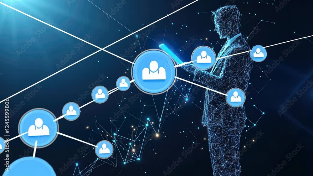 Poster futuristic digital networking with holographic interface and connected nodes