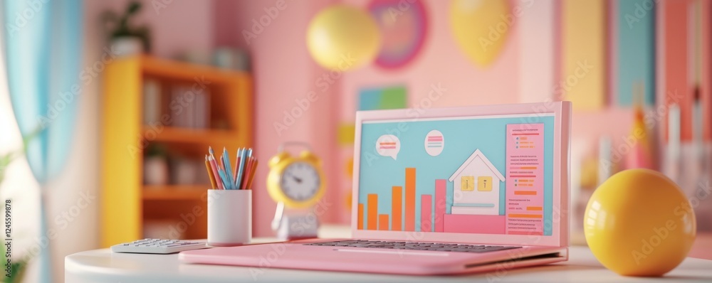 Poster a vibrant workspace featuring a pink laptop displaying colorful charts, surrounded by stationery and