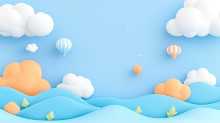 Pastel clouds, hot air balloons, landscape, serene scene, ideal for children's book cover