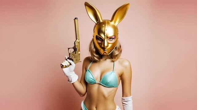 A woman in a bunny costume holding a gun