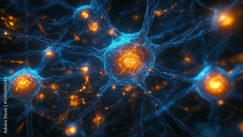 Poster abstract visualization of neurons with glowing connections in a high-tech digital environment, repre