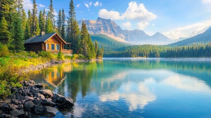 Naklejka premium A rustic log cabin by the edge of a serene lake during a sunny day.
