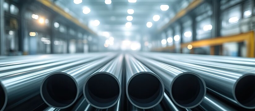 Steel pipes arranged in a row with a blurred factory background featuring industrial lighting in a blue and grey color palette.