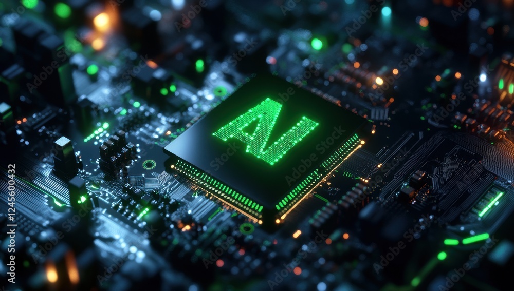 Poster aclose-upviewofacomplexelectronicscircuitboardwithaglowinggreenmicrochipfeaturingaiembleminahightech