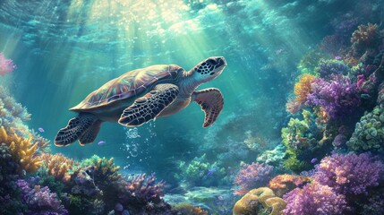 Fototapeta premium Majestic Sea Turtle Gracefully Swimming Through Vibrant Coral Reef