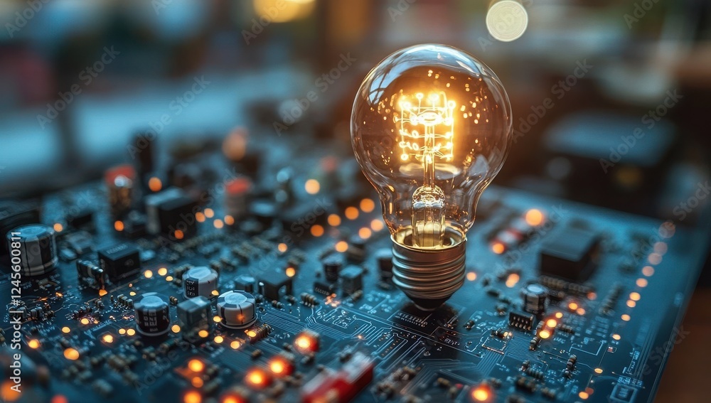 Aufkleber bright light bulb illuminating circuit board with electronic components and twinkling lights in a te