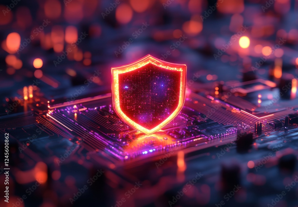 Poster bright neon shield symbol on digital circuit board background representing cybersecurity and data pr