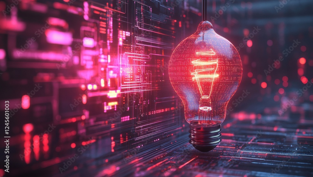 Poster bright red light bulb illuminating digital circuit background with glowing lines and patterns repres