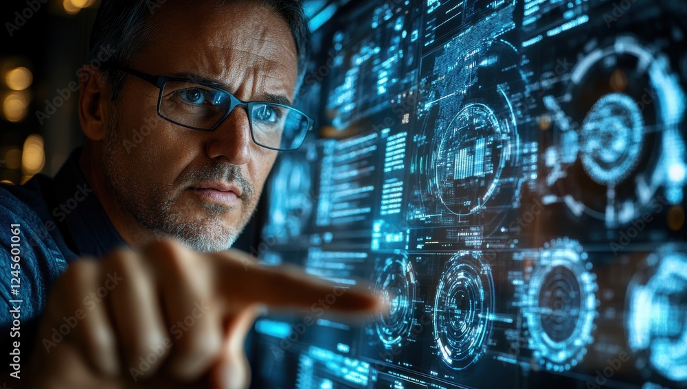 Poster business professional analyzing digital interface with futuristic charts and data, focused on techno