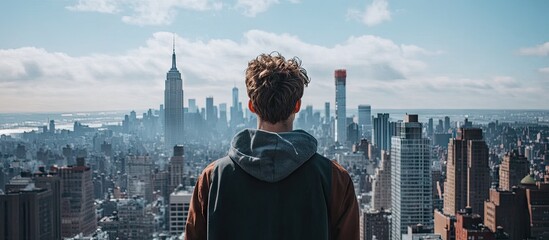A contemplative young male streamer gazes over a bustling city skyline under a blue sky with clouds, contrasting urban life and personal ambition.