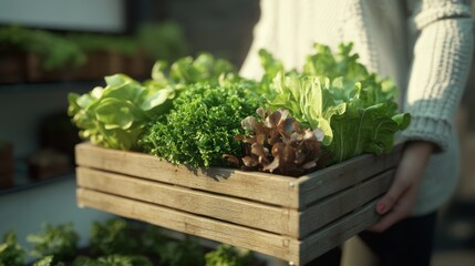 Woman holding fresh greens crate, indoor garden