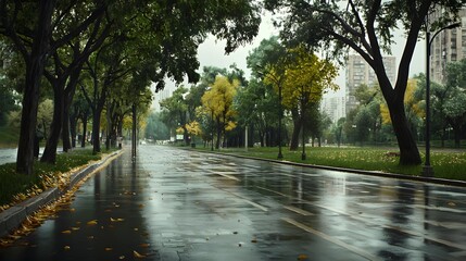 Obraz premium Rainy autumn day in the city park with reflections of the wet pavement fallen leaves and lush greenery A serene and tranquil urban landscape with a moody gloomy atmosphere