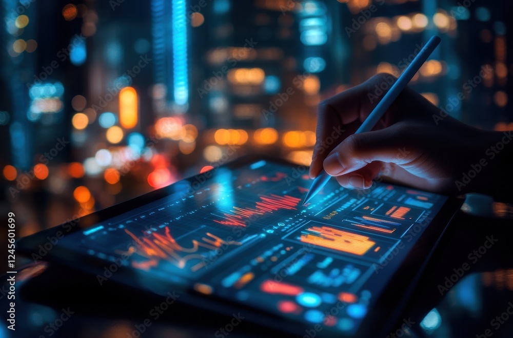Poster close-up of a hand using a stylus to analyze data on a tablet with vibrant city lights in the backgr
