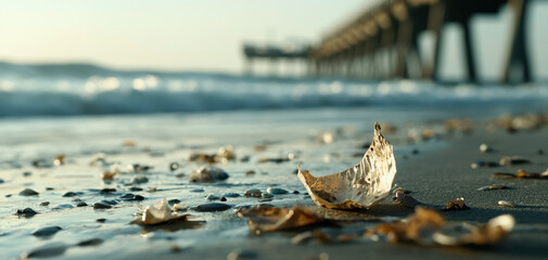 serene beach scene with seashell and scattered leaves, gentle waves lapping at shore, and distant pier under clear sky evokes sense of tranquility