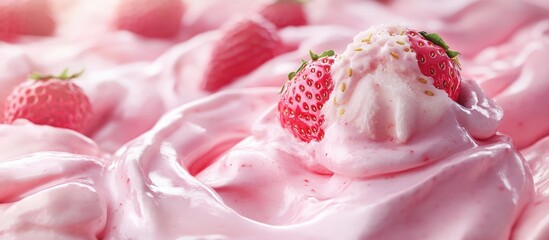 Delightful strawberry ice cream close-up with creamy pink swirls, topped with fresh strawberries, evoking a refreshing summer treat.