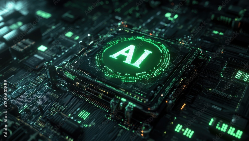 Poster close-up of electronic circuit board with green ai processor icon, futuristic technology concept, di