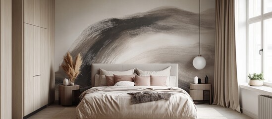 Nature-inspired bedroom with soft beige and grey tones, featuring a brushstroke wall design, cozy bed arrangement, and large windows for natural light.