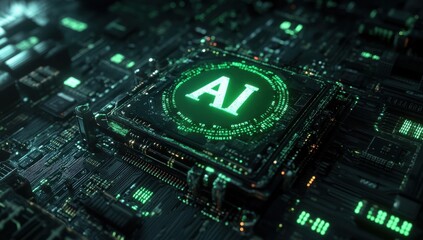 Close-up of Electronic Circuit Board with Green AI Processor Icon, Futuristic Technology Concept, Digital Data Processing, Artificial Intelligence Design Element