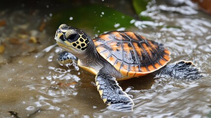 Obraz premium Baby sea turtle entering ocean, splashing water.