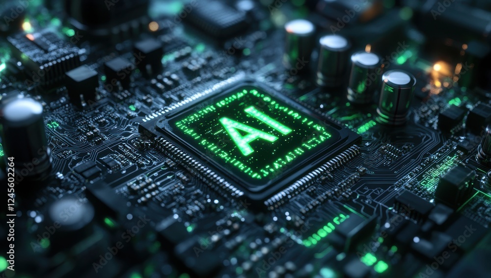 Poster close-up view of a circuit board featuring an ai processor with glowing green lights and electronic 