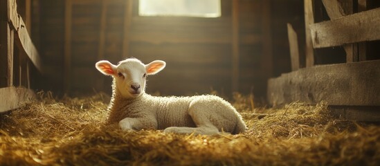 A peaceful scene of a white lamb resting on straw in a cozy cowshed bathed in warm sunlight with soft shadows and ample copy space for creativity.