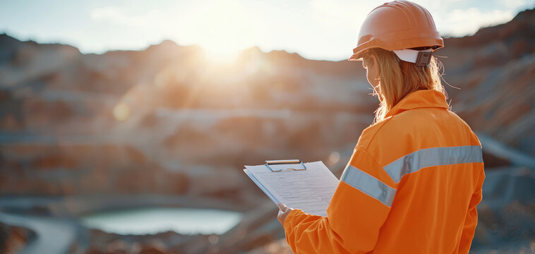 worker in orange safety suit and helmet examines clipboard overlooking mining site at sunset, highlighting safety and environmental awareness