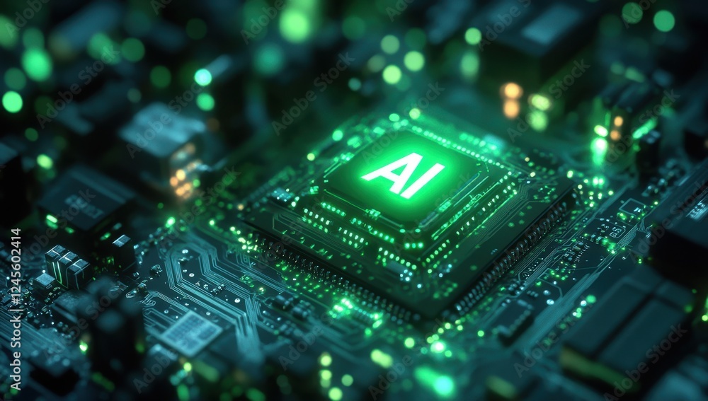 Aufkleber close-up view of a high-tech microchip with ai design illuminated by neon green lights in a futurist