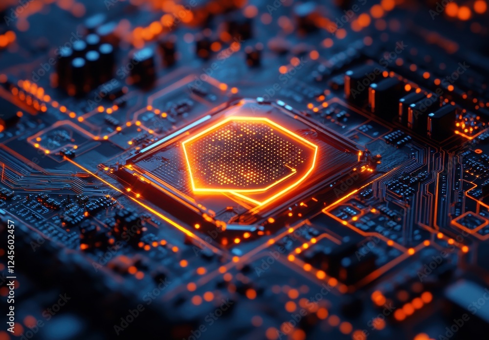 Poster close-up view of a modern computer circuit board with vibrant orange lighting and intricate patterns