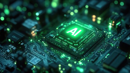 Fototapeta premium Close-up View of a High-Tech Microchip with AI Design Illuminated by Neon Green Lights in a Futuristic Circuit Board Environment