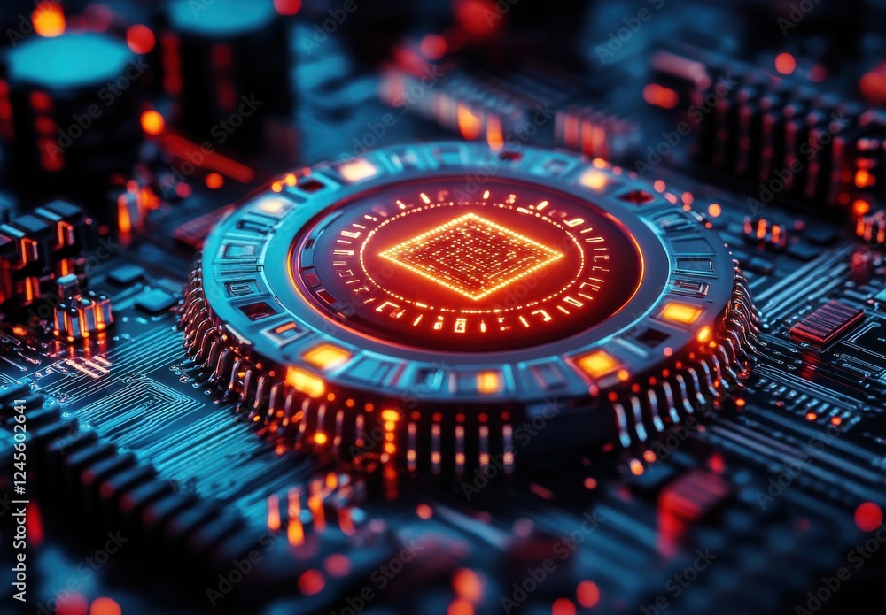 Poster close-up view of advanced microchip surrounded by circuitry with glowing red lights in a dark futuri