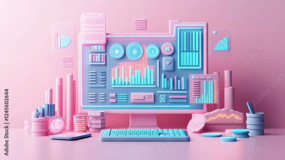 Poster a vibrant, 3d rendering of a computer screen displaying colorful graphs and charts against a pink ba