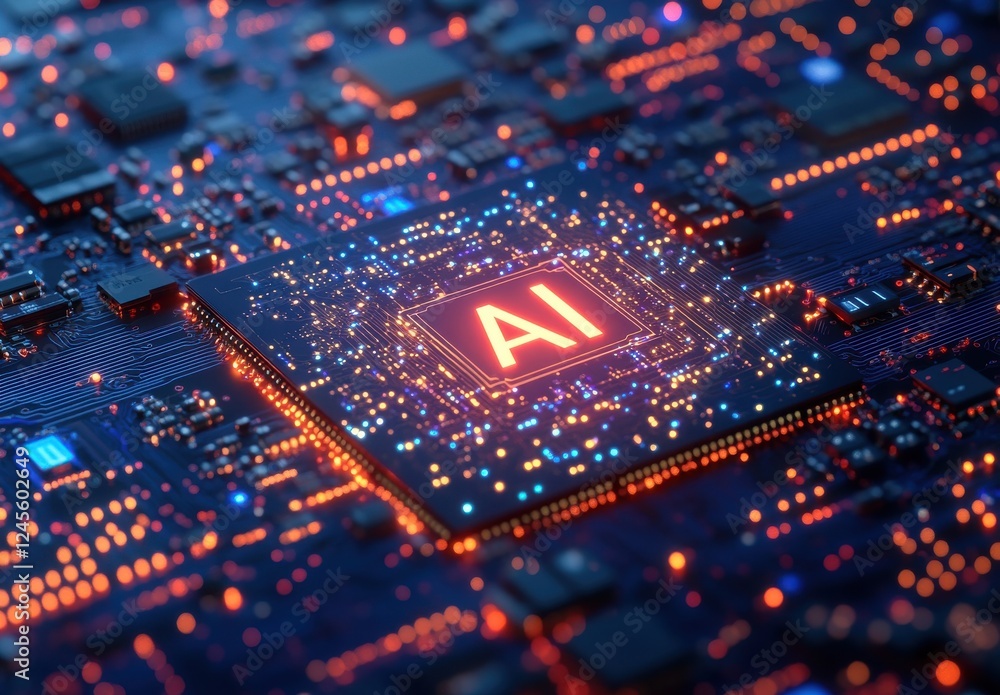 Poster close-up view of circuit board with ai processor illuminated by soft neon lights on a dark backgroun