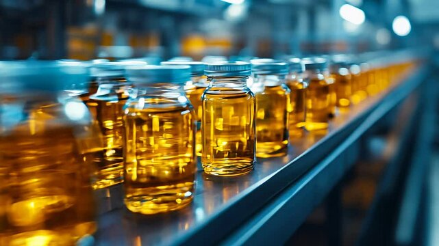 In a busy laboratory, technicians analyze honey samples in clear jars. The warm amber liquid reflects careful quality control processes and scientific diligence during testing.