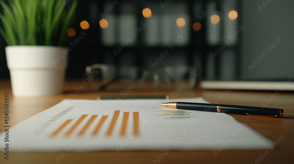 Poster pen rests on report with orange graphs next to potted plant, creating professional workspace ambiance that inspires productivity and focus