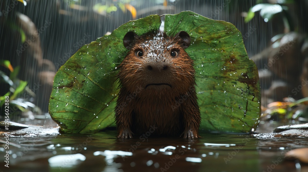 Poster grumpy capybara sits beneath an enormous jungle leaf glaring as rain pours down creating small strea