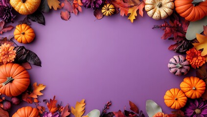 A Festive Fall Frame with Pumpkins and Autumn Leaves on Purple
