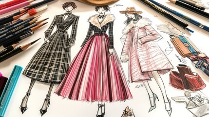 Fashion designer sketching elegant winter dresses, studio