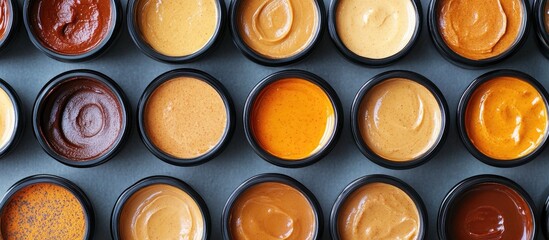 Colorful assortment of peanut butter jars in various shades of brown and beige arranged neatly on a black surface viewed from above creating an appealing flat lay.