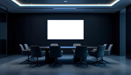 Modern Dark Conference Room with Blank Screen Mockup