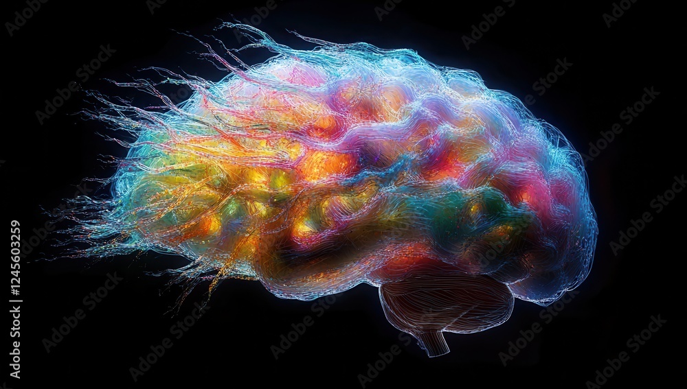 Poster colorful abstract representation of a brain with light trails and vivid colors in a dark background,