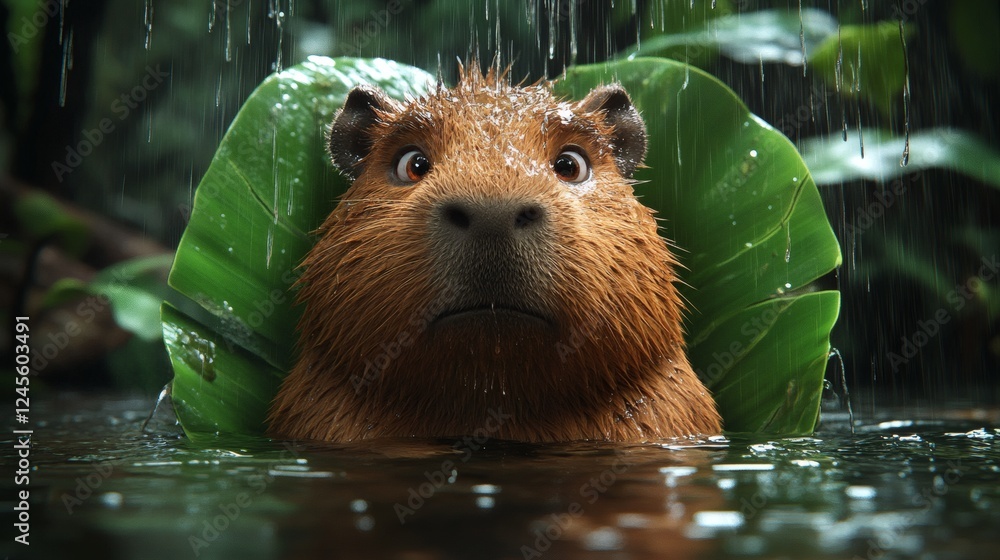 Poster grumpy capybara sits beneath an enormous jungle leaf glaring as rain pours down creating small strea