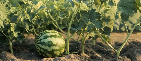 Vibrant green watermelon developing on the vine surrounded by lush green leaves highlighting its growth in warm sunlight on sandy soil