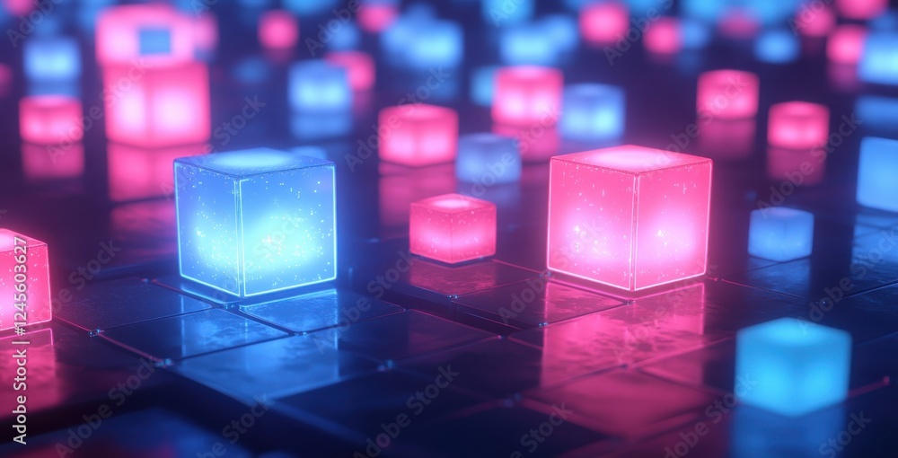 Poster colorful glowing cubes on a dark grid surface creating a vibrant and dynamic abstract background for