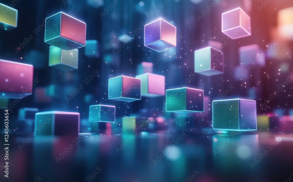 Poster colorful neon cubes floating in a digital space with glowing effects and sparkling background for te