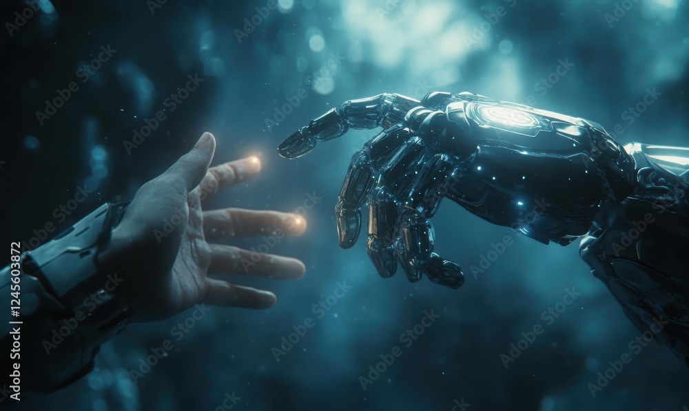 Poster connection between human and machine in futuristic setting with shimmering lights and ethereal backg