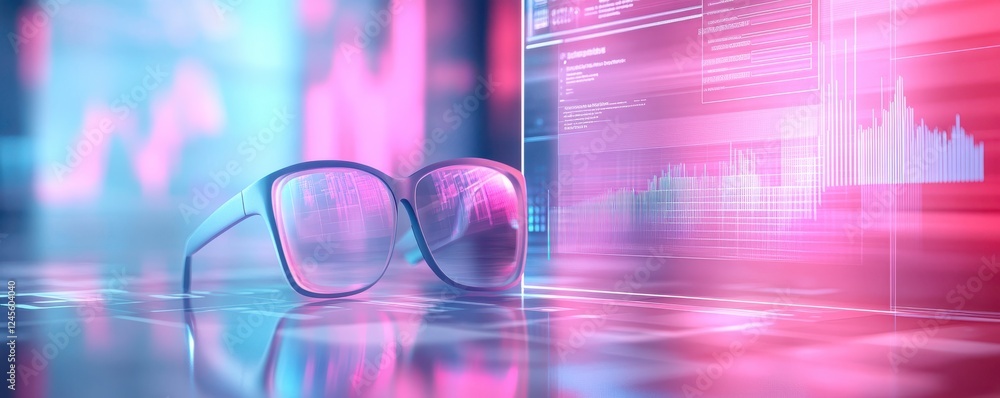 Poster a pair of glasses sits on a reflective surface, with a vibrant background featuring digital graphs a