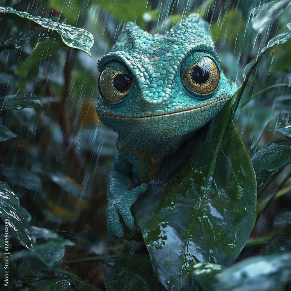 Aufkleber grumpy chameleon blends into the jungle foliage while using an oversized leaf to shield itself from 