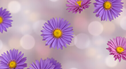 Seamless pattern of pink daisies and flowers in a beautiful garden with blooming petals in various colors, including white, purple, and blue, capturing the essence of spring and summer