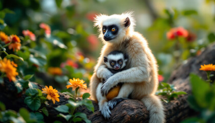 Obraz premium Adorable Lemur Mother Holding Baby in Lush Tropical Flowers
