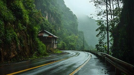 Fototapeta premium Winding mountain road disappearing into the mist shrouded landscape surrounded by lush verdant foliage and towering peaks A captivating scene of serene ethereal beauty